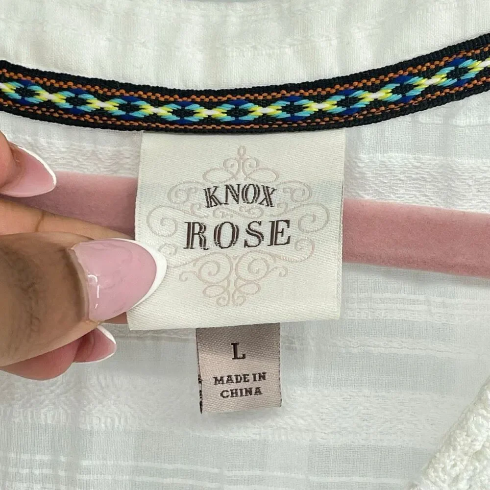 Knox Rose White Boho Lace Trim Tiered Short Dress Tassel Tie Size Large - Picture 6 of 14